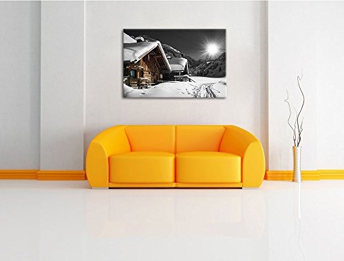 wunderschöne verschneite Alpenhütten schwarz/weiß Format: 100x70 auf Leinwand, XXL riesige Bilder fertig gerahmt mit Keilrahmen, Kunstdruck auf Wandbild mit Rahmen, günstiger als Gemälde oder Ölbild, kein Poster oder Plakat