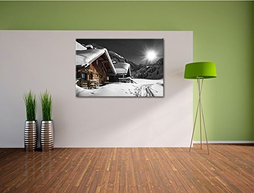 wunderschöne verschneite Alpenhütten schwarz/weiß Format: 100x70 auf Leinwand, XXL riesige Bilder fertig gerahmt mit Keilrahmen, Kunstdruck auf Wandbild mit Rahmen, günstiger als Gemälde oder Ölbild, kein Poster oder Plakat