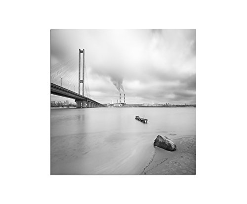 80x80cm - WANDBILD South Bridge Kiev Wasser Nebel grau kalt - Leinwandbild auf Keilrahmen modern stilvoll - Bilder und Dekoration