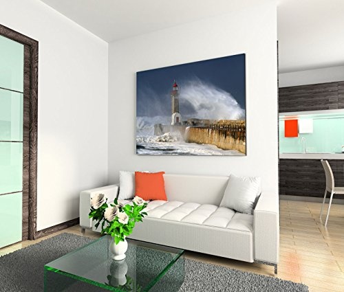 Modernes Bild 120x80cm Landschaftsfotografie - Leuchtturm bei Schneesturm