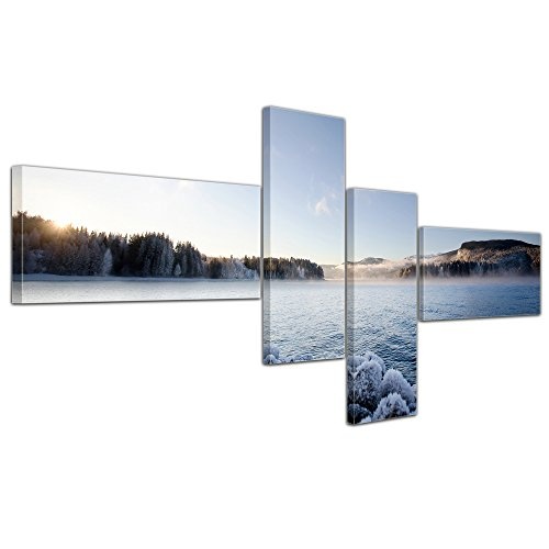 Wandbild - Winter Fjord - Bild auf Leinwand - 200x80 cm 4 teilig - Leinwandbilder - Landschaften - Skandinavien - Gefrorene Küste - malerisch