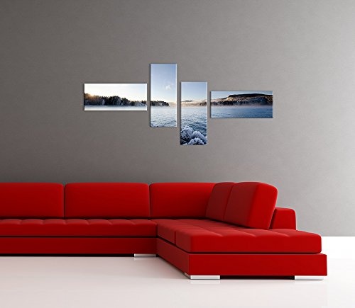Wandbild - Winter Fjord - Bild auf Leinwand - 200x80 cm 4 teilig - Leinwandbilder - Landschaften - Skandinavien - Gefrorene Küste - malerisch