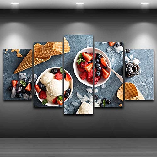 Tkuri HD 5 Panel Leinwand 5 Leinwandbilder 5 Leinwandmalerei 5 Stücke Erdbeereis Malerei Modulare Kalte Snacks Poster Küche Leinwand-T2 Frame