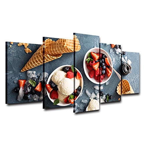 Sanzx Leinwandbild, Motiv Erdbeere, Eiscreme, modulares Kalte Snacks, 30 x 40 x 2, 30 x 80 cm, 5-teilig