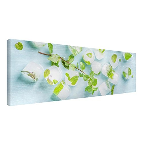 Leinwandbild - Eiswürfel mit Minzblättern - Panorama Quer, 50cm x 150cm