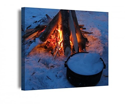 Leinwand 1Tlg Lagerfeuer Schnee kalt Winter Tee Leinwandbilder Bild Bilder Holz fertig gerahmt 9R1216, BxH Bild:40cmx40cm