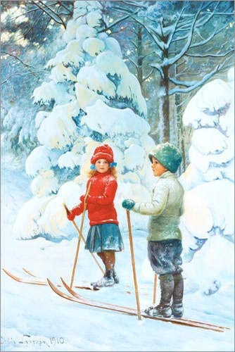 Posterlounge Leinwandbild 40 x 60 cm: Kinder beim Ski Fahren von Jenny Nyström - fertiges Wandbild, Bild auf Keilrahmen, Fertigbild auf echter Leinwand, Leinwanddruck