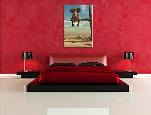 sitzender Elefant auf einem Ast in der Wüste, Format: 100x70 auf Leinwand, XXL riesige Bilder fertig gerahmt mit Keilrahmen, Kunstdruck auf Wandbild mit Rahmen, günstiger als Gemälde oder Ölbild, kein Poster oder Plakat
