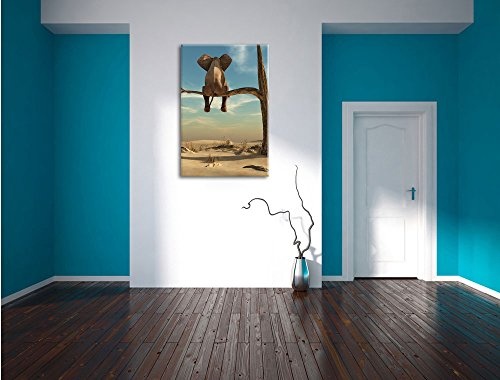 sitzender Elefant auf einem Ast in der Wüste, Format: 100x70 auf Leinwand, XXL riesige Bilder fertig gerahmt mit Keilrahmen, Kunstdruck auf Wandbild mit Rahmen, günstiger als Gemälde oder Ölbild, kein Poster oder Plakat