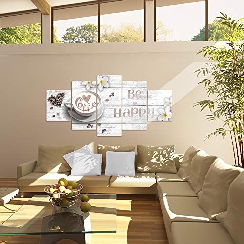 Bilder Küche Kaffee Wandbild 200 x 100 cm Vlies - Leinwand Bild XXL Format Wandbilder Wohnzimmer Wohnung Deko Kunstdrucke Weiß 5 Teilig - MADE IN GERMANY - Fertig zum Aufhängen 020651c