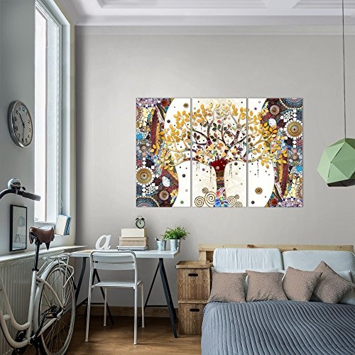 Bilder Klimt Baum des Lebens Wandbild 120 x 80 cm 3 Teilig Vlies Leinwand Bild XXL Format Wandbilder Wohnzimmer Wohnung MADE IN GERMANY Fertig zum Aufhängen 004631a
