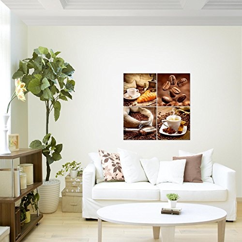 Bilder Küche Kaffee Wandbild 80 x 80 cm Vlies - Leinwand Bild XXL Format Wandbilder Wohnzimmer Wohnung Deko Kunstdrucke Braun 4 Teilig - MADE IN GERMANY - Fertig zum Aufhängen 504143a