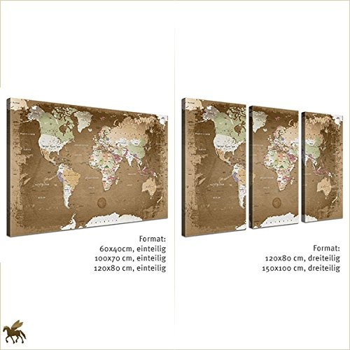 LANA KK - Weltkarte Leinwandbild mit Korkrückwand zum pinnen der Reiseziele - "Weltkarte Oldstyle" - deutsch - Kunstdruck-Pinnwand Globus in braun, einteilig & fertig gerahmt in 100x70cm