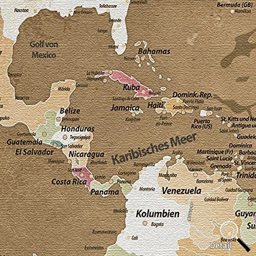 LANA KK - Weltkarte Leinwandbild mit Korkrückwand zum pinnen der Reiseziele - "Weltkarte Oldstyle" - deutsch - Kunstdruck-Pinnwand Globus in braun, einteilig & fertig gerahmt in 100x70cm