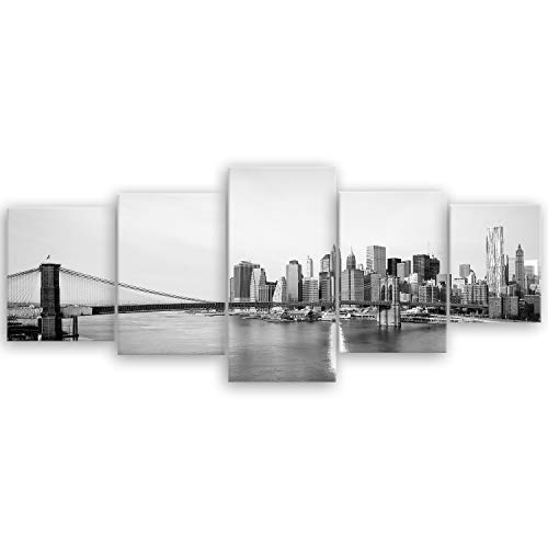 ge Bildet® hochwertiges Leinwandbild XXL - New York City skyline und die Brooklyn Bridge - schwarz weiß - 200 x 80 cm mehrteilig (5 teilig) 2211 F