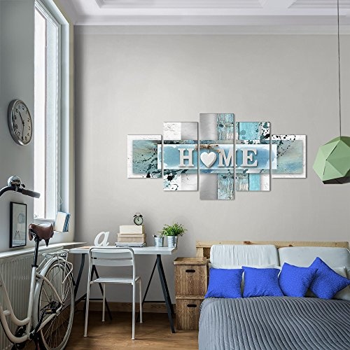 Bilder Home Herz Wandbild 200 x 100 cm Vlies - Leinwand Bild XXL Format Wandbilder Wohnzimmer Wohnung Deko Kunstdrucke Blau 5 Teilig - Made IN Germany - Fertig zum Aufhängen 504551a