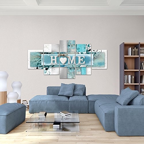 Bilder Home Herz Wandbild 200 x 100 cm Vlies - Leinwand Bild XXL Format Wandbilder Wohnzimmer Wohnung Deko Kunstdrucke Blau 5 Teilig - Made IN Germany - Fertig zum Aufhängen 504551a