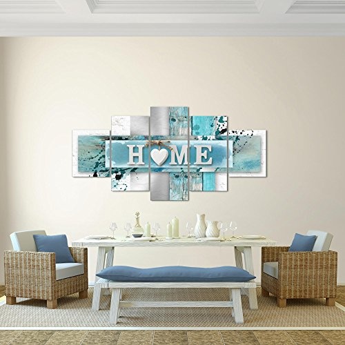 Bilder Home Herz Wandbild 200 x 100 cm Vlies - Leinwand Bild XXL Format Wandbilder Wohnzimmer Wohnung Deko Kunstdrucke Blau 5 Teilig - Made IN Germany - Fertig zum Aufhängen 504551a