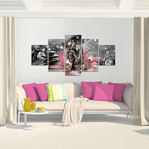 Runa Art Bilder Buddha Orchidee Wandbild 200 x 100 cm Vlies - Leinwand Bild XXL Format Wandbilder Wohnzimmer Wohnung Deko Kunstdrucke Rosa 5 Teilig - Made IN Germany - Fertig zum Aufhängen 505351c
