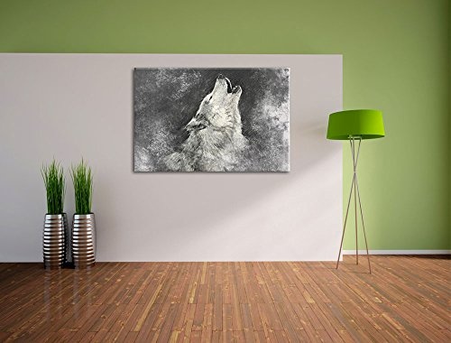 Heulender Wolf Kunst Format: 100x70 auf Leinwand, XXL riesige Bilder fertig gerahmt mit Keilrahmen, Kunstdruck auf Wandbild mit Rahmen, günstiger als Gemälde oder Ölbild, kein Poster oder Plakat