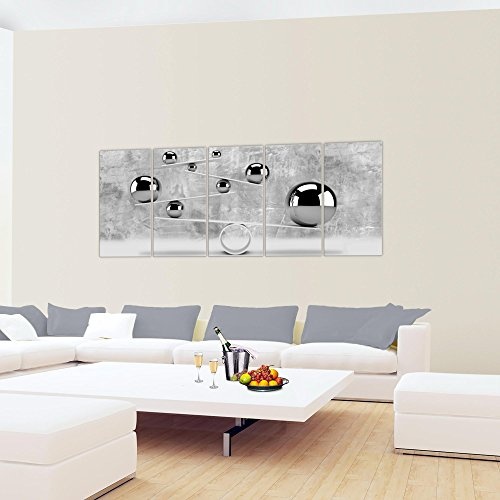Bilder 3D Kugeln Wandbild 200 x 80 cm Vlies - Leinwand Bild XXL Format Wandbilder Wohnzimmer Wohnung Deko Kunstdrucke Grau 5 Teilig - MADE IN GERMANY - Fertig zum Aufhängen 504355b