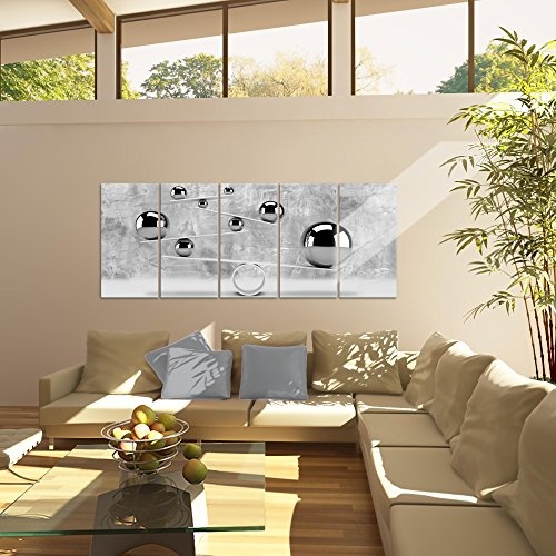 Bilder 3D Kugeln Wandbild 200 x 80 cm Vlies - Leinwand Bild XXL Format Wandbilder Wohnzimmer Wohnung Deko Kunstdrucke Grau 5 Teilig - MADE IN GERMANY - Fertig zum Aufhängen 504355b