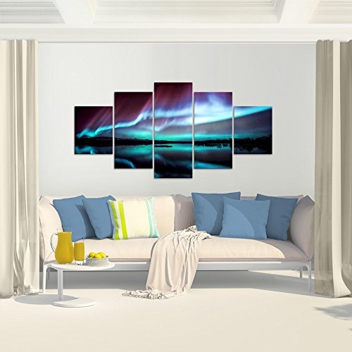 Bilder Polarlicht Wandbild 200 x 100 cm Vlies - Leinwand Bild XXL Format Wandbilder Wohnzimmer Wohnung Deko Kunstdrucke Blau 5 Teilig - Made IN Germany - Fertig zum Aufhängen 609151b