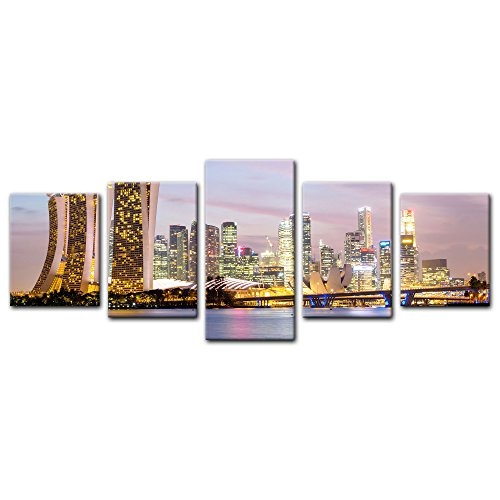 Wandbild - Singapur - Skyline II - Bild auf Leinwand - 200x80 cm fünfteilig - Leinwandbilder - Städte & Kulturen - Asien - Hotel Marina Bay Sands - Wolkenkratzer - beleuchtet