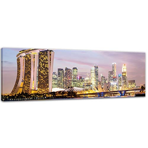 Keilrahmenbild - Singapur - Skyline II - Bild auf Leinwand - 160x50 cm einteilig - Leinwandbilder - Städte & Kulturen - Asien - Hotel Marina Bay Sands - Wolkenkratzer - beleuchtet