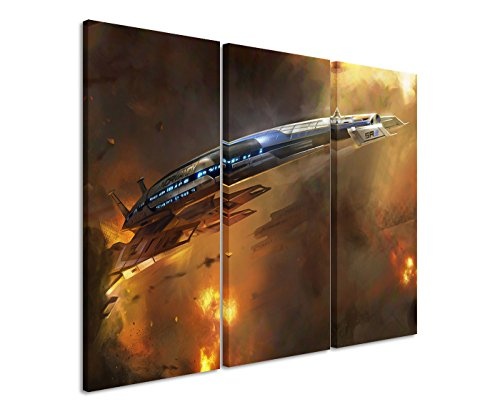 Leinwandbild 3 teilig Mass_Effect_3_Ship_3x90x40cm (Gesamt 120x90cm) _Ausführung schöner Kunstdruck auf echter Leinwand als Wandbild auf Keilrahmen