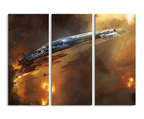 Leinwandbild 3 teilig Mass_Effect_3_Ship_3x90x40cm (Gesamt 120x90cm) _Ausführung schöner Kunstdruck auf echter Leinwand als Wandbild auf Keilrahmen