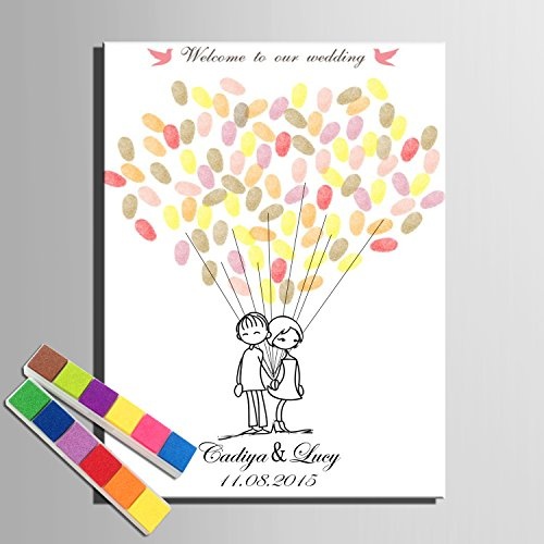 DIY (The Little Lovers Luftballons) personalisierbar Hochzeit Baum Gästebuch Alternative Wunschbaum Fingerabdruck Signature Leinwandbild Baum Hochzeit Geschenk Hochzeit Dekoration Hochzeit Namen (inklusive 12 Tinte Farben), 35cm*50cm/pc