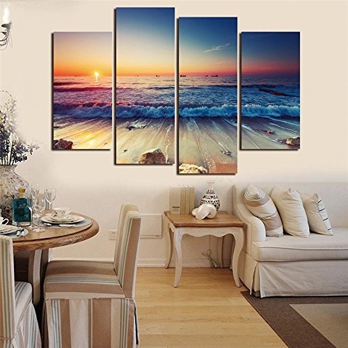 JAJUQH Leinwandbild 4 pcs Moderne HD-Wellen Landschaft Wall Bilder Malerei modulare Poster gedruckt Home Dekoration mit Frame Wand Anstrich gestaltet, 2