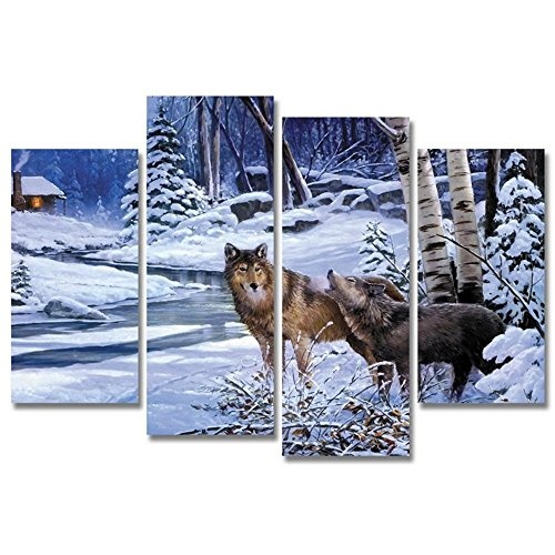 JAJUQH Leinwandbild 4 pcs Moderne Snow Wolf Tier Wall...