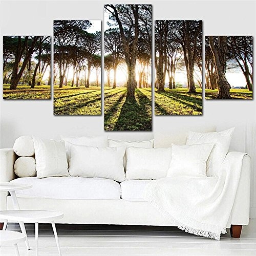 JAJUQH 5 pcs Sun Wald Leinwandbilder Wand Bilder für Wohnzimmer HD Baum Drucken Große, moderne Dekoration Poster gerahmt an der Wand Anstrich gestaltet, 3