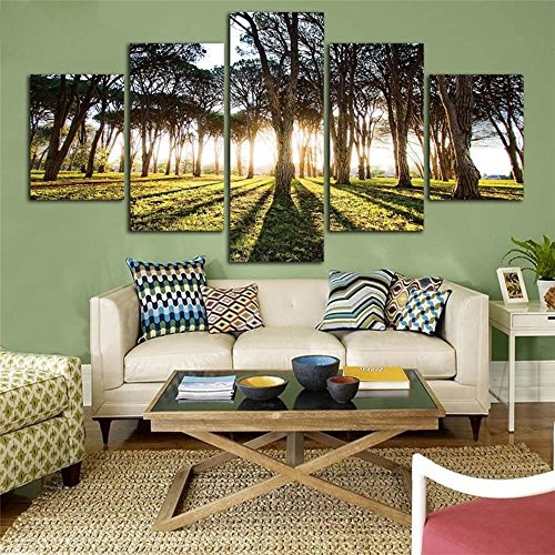 JAJUQH 5 pcs Sun Wald Leinwandbilder Wand Bilder für Wohnzimmer HD Baum Drucken Große, moderne Dekoration Poster gerahmt an der Wand Anstrich gestaltet, 3