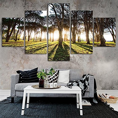 JAJUQH 5 pcs Sun Wald Leinwandbilder Wand Bilder für Wohnzimmer HD Baum Drucken Große, moderne Dekoration Poster gerahmt an der Wand Anstrich gestaltet, 3