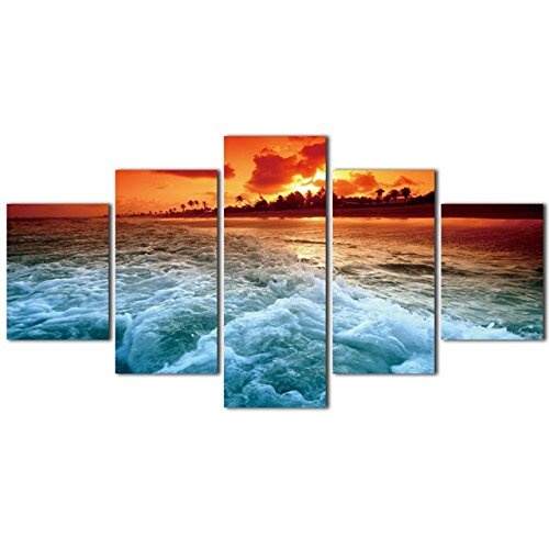 JAJUQH 5 pcs Sunset Sea Wave Leinwandbilder Wand Bilder für Wohnzimmer HD Drucken Große, moderne Dekoration mit Rahmen Wandmalerei, Plakat, 3 gerahmte