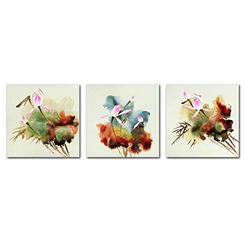Mainstream home 3 PCS/Set Traditionelle Chinesische Blumen-Malerei Abstrakt Blooming Lotus Leinwandbild druckt Blumenplakat für Schlafzimmer Dekor, A3096,20x20 Zoll, Innenrahmen