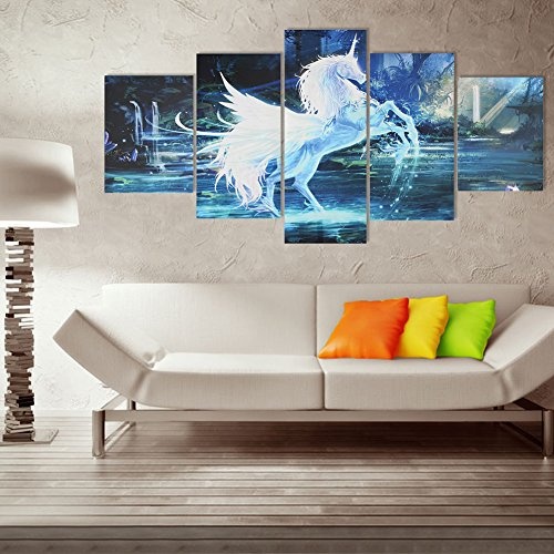 Gemini _ Mall® 5 Stücke Moderne Weiß Einhorn Bild auf Leinwand gedruckt Wall Art Print Picture Painting Home Decor - Rahmen nicht im Lieferumfang enthalten White Unicorn