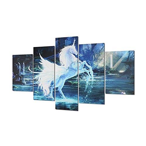Gemini _ Mall® 5 Stücke Moderne Weiß Einhorn Bild auf Leinwand gedruckt Wall Art Print Picture Painting Home Decor - Rahmen nicht im Lieferumfang enthalten White Unicorn