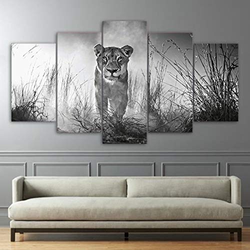 Yacart Leinwandbilder Kunstdruck Bild Poster No Framed Hd Modernes Dekoratives Computer Inkjet Ölgemälde 5 Lions in The Mist 20X30Cm x2P + 20X40Cm x2P + 20X50Cm x1 Lion