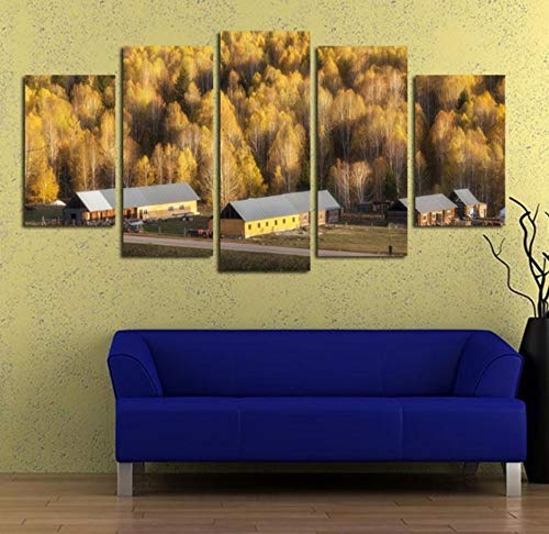 HNFSCLUB Leinwandbild Bauernhof & Wald rahmenlose Computer Inkjet malerei Wohnzimmer Wand Hintergrund 30X50cmX2 + 30X70cmX2 + 30X80cmX1