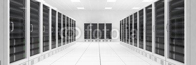 Leinwand-Bild 90 x 30 cm: "Datacenter with two rows of computers central view", Bild auf Leinwand
