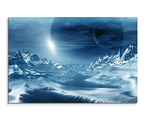120x80cm Wandbild – Farbe Blau Petrol - Leinwandbild auf Keilrahmen in bester Qualität - Computer Artwork Alien Planet