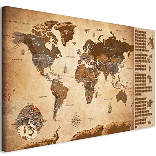 murando Rubbelweltkarte deutsch Pinnwand 90x45 cm Vintage Weltneuheit: Weltkarte zum Rubbeln Laminiert Rubbelkarte mit Fahnen/Nationalflaggen Inkl. 50 Markierfähnchen/Pinnnadeln k-A-0251-o-c