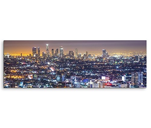 Paul Sinus Art 150x50cm Leinwandbild auf Keilrahmen Los Angeles Skyline Nacht Lichter Wandbild auf Leinwand als Panorama