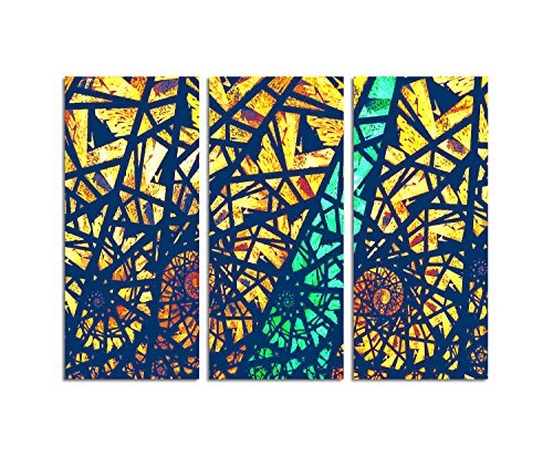 Kunstdruck Abstrakt422_3x90x40cm Knalliges Leinwandbild XXL blau grün gelb rot fertig auf Keilrahmen dreiteiliges Wandbild Tryptichon