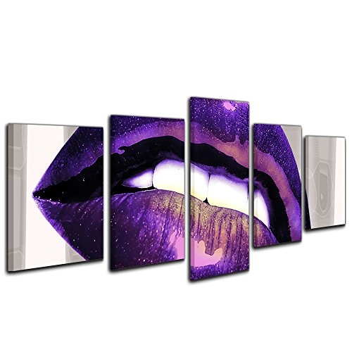Wandbild - Abstrakte Kunst Lippen 07 - violett - Bild auf Leinwand - 200x80 cm - 5teilig - Leinwandbilder - Urban & Graphic - Mund - Verführung - sexy - modern