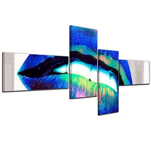 Wandbild - Abstrakte Kunst Lippen 07 - blau - Bild auf Leinwand - 140x65cm - 4teilig - Leinwandbilder - Urban & Graphic - Mund - Verführung - sexy - modern